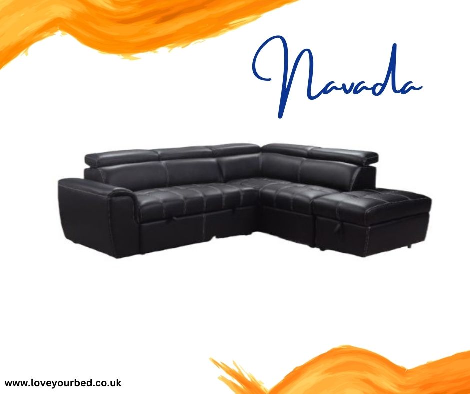Nevada Black Leather Corner Sofa With Storage & Ottoman
